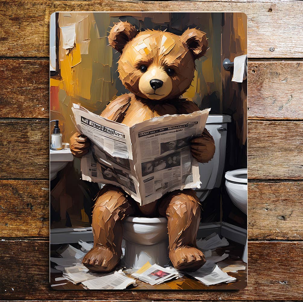 Teddy Bear On the Toilet, Bathroom | Metal Sign
