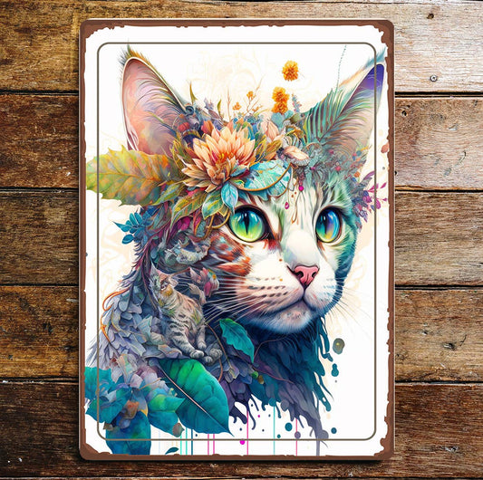 Spiritual Floral Cat Art Metal Sign Plaque