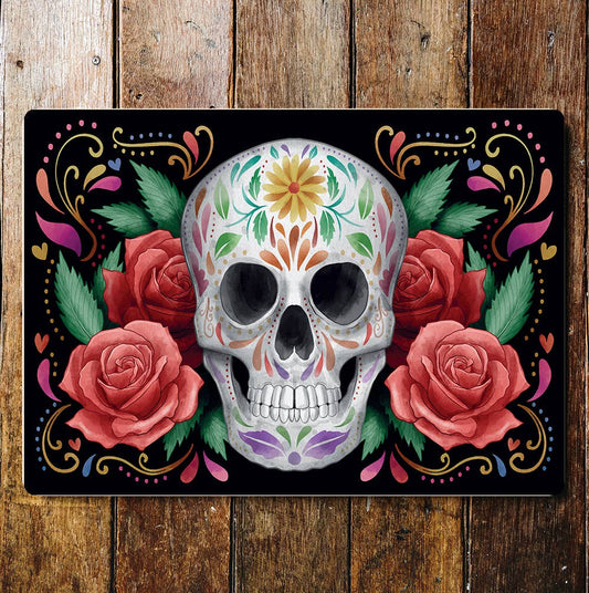 Skull roses Mexico Day Dead Metal Wall Sign Plaque