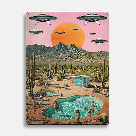 Desert Swimming Pool Retro Alien UFO Retro | Metal Sign Plaque