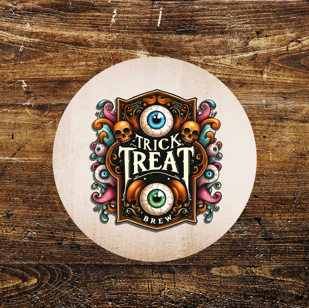 Trick Treat Brew Coffee Fall Halloween Circle Metal Sign