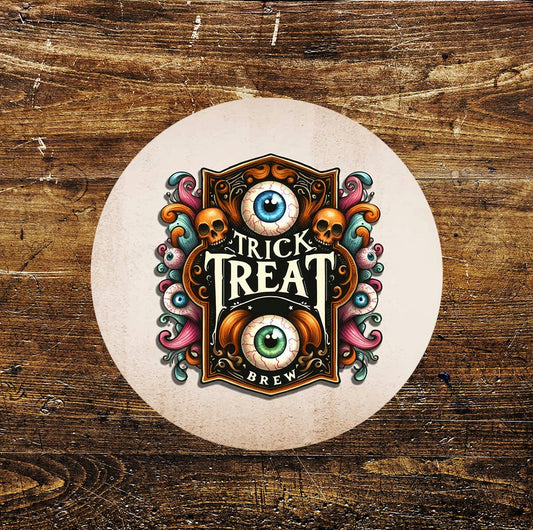 Trick Treat Brew Coffee Fall Halloween Circle Metal Sign