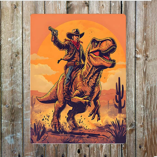 Tyrannosaurus Rex Riding Cowboy Western | Metal Sign Plaque