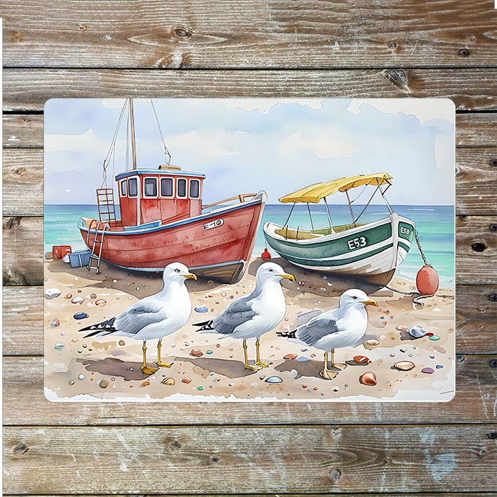 Watercolor Gulls Boat Seaside Sea Nautical | Metal Sign Plaque