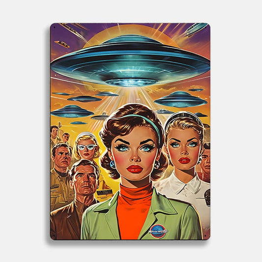 Retro Colorful People Alien UFO Metal Sign Plaque
