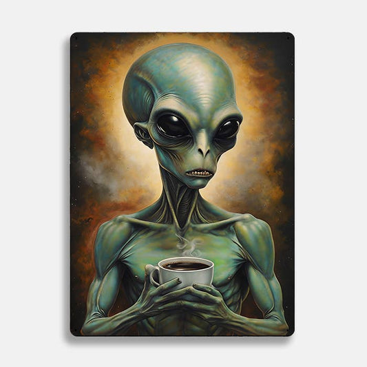 Mug Drinking Coffee Alien UFO Retro | Metal Sign Plaque