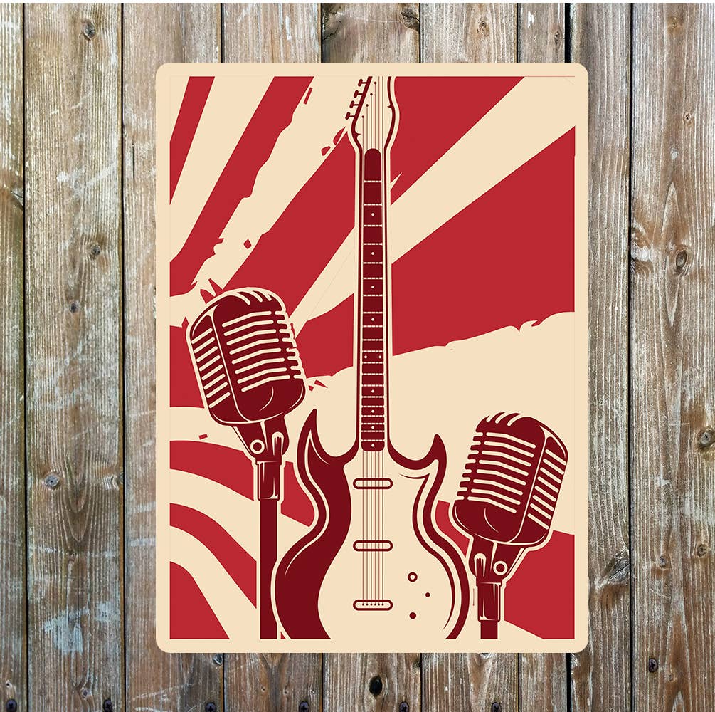 Red Cream Music Guitar Mic Metal Sign Plaque