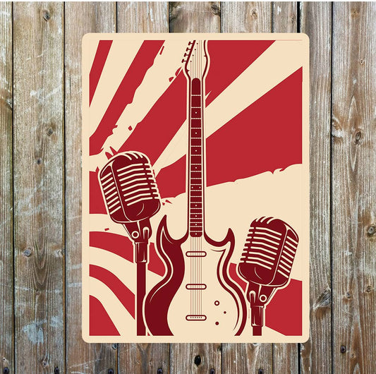 Red Cream Music Guitar Mic Metal Sign Plaque