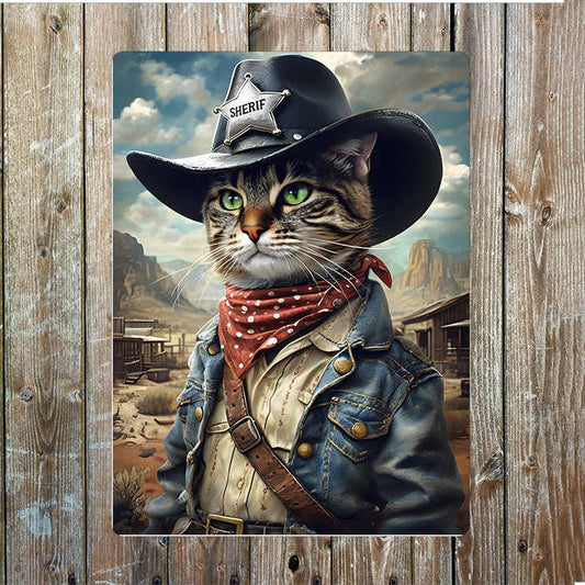 Tabby Cat Sheriff Clothes Cowboy Western Metal Sign Plaque