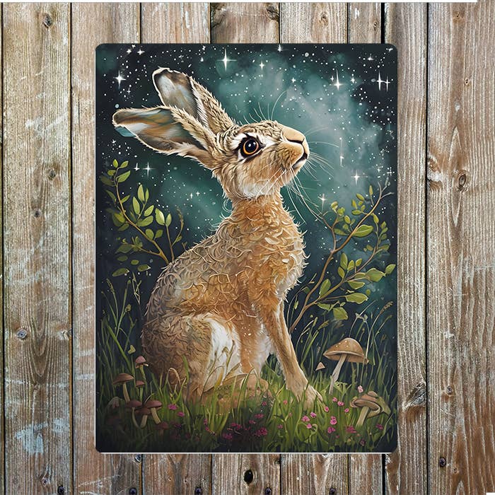 Hare Gazing Under Starry Night Sky | Metal Sign Plaque