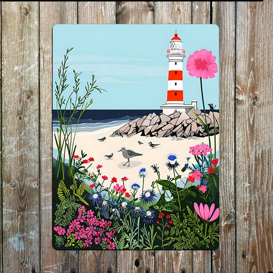 Vibrant Coast Beach Lighthous Sea Nautical | Metal Sign Plaque