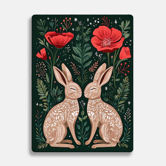 Rabbit Hares Poppies scandinavian folk Metal Sign Plaque
