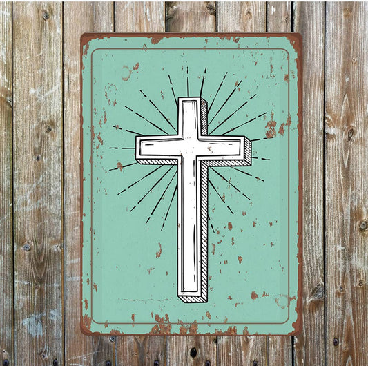 Green and White Church Cross | Metal Sign Plaque