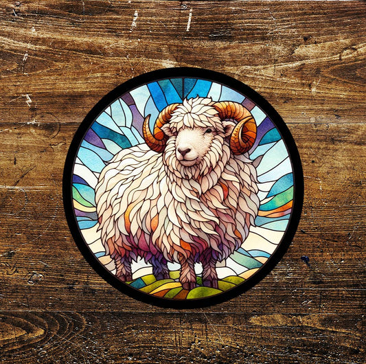 Ram in Feild Stained Glass affect Metal Circle Sign