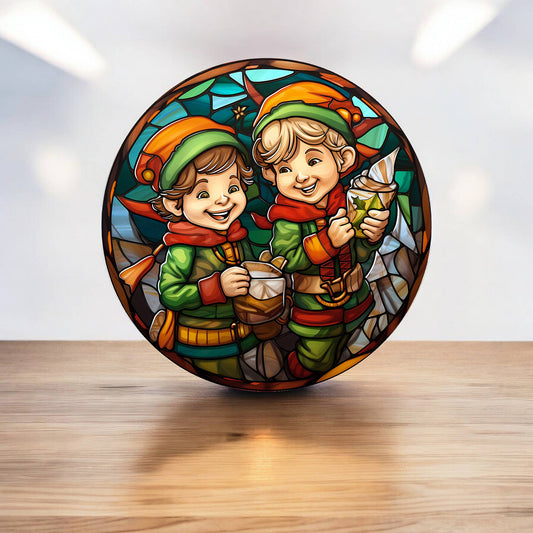 Stained Glass Elves Christmas Circle Metal Sign