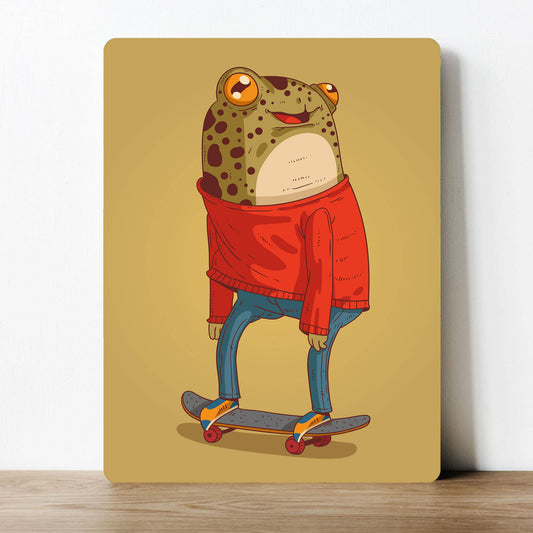 Frog on Skateboard Cartoon Artwork | Metal Sign Plaque