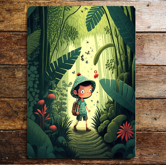 Young Jungle Explorer Boy | Trees | Metal Sign Plaque