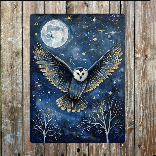 Owl Flying Through A Starry Night Sky | Metal Sign Plaque