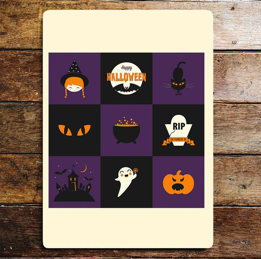 Halloween Purple Cauldron Ghost Cat Eyes | Metal Wall Sign