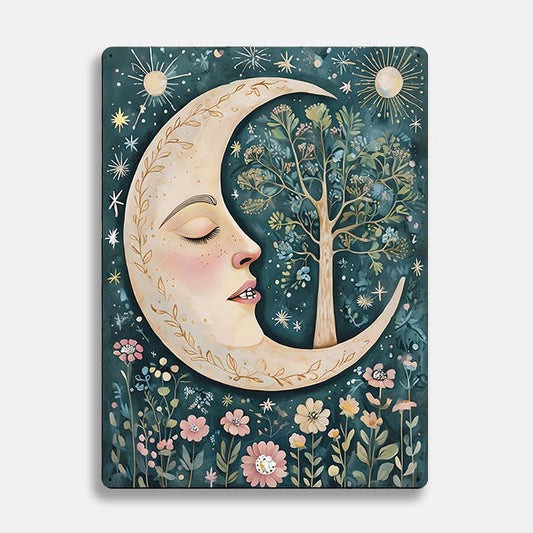 Moon Tree Flowers scandinavian folk | Metal Sign Plaque