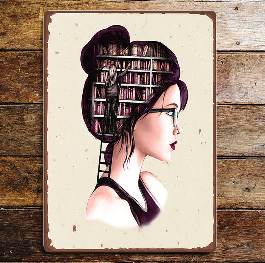 Pin Up Girl Bun Glasses Brain Library Metal Sign Plaque