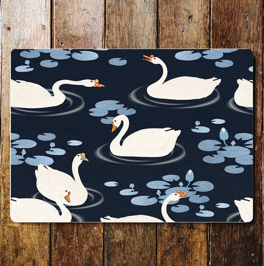 Swimming Swans Lily Pads Blue And White Metal Sign Plaque