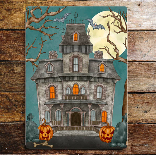 Halloween Haunted House moon Art | Metal Sign Plaque
