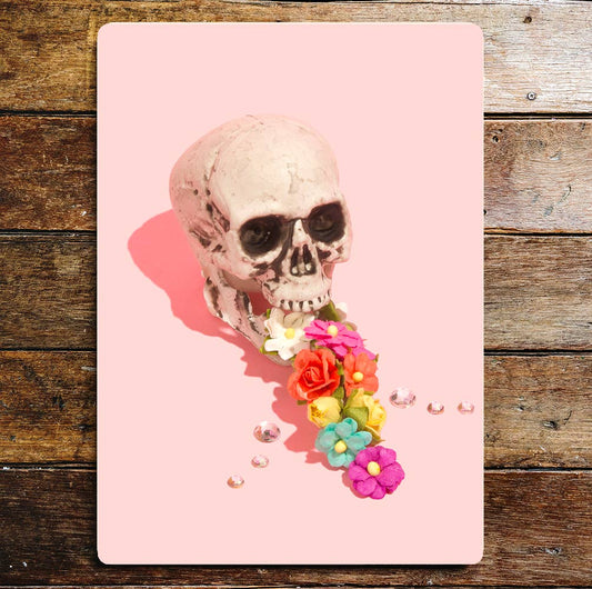 Skull Flowers Mouth Pink Metal Wall Sign
