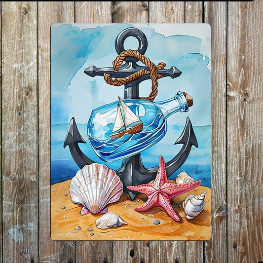 Watercolor Bottle Seaside Sea Nautical | Metal Sign Plaque