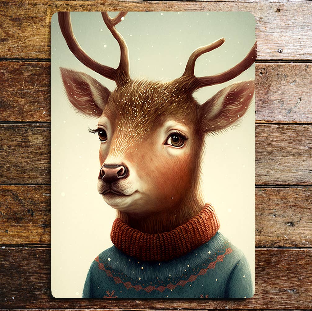 Cute Reindeer Head Portrait Jumper Antler | Metal Sign Plaque
