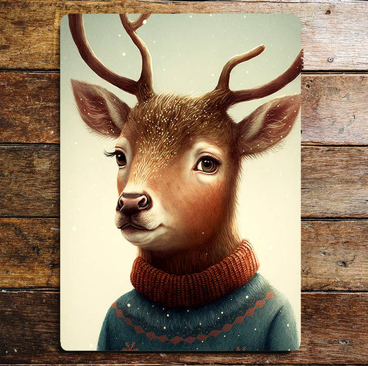 Cute Reindeer Head Portrait Jumper Antler | Metal Sign Plaque