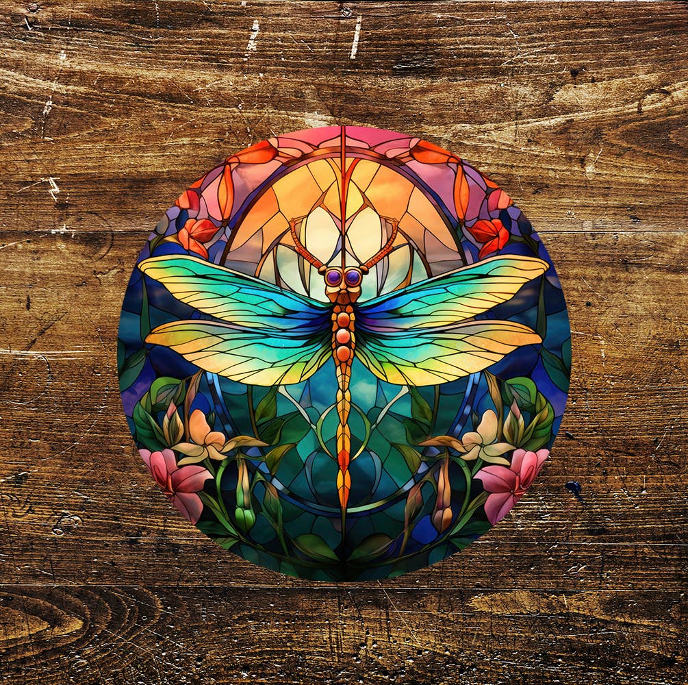 Dragonfly Green Stained Glass affect Circle Metal Sign