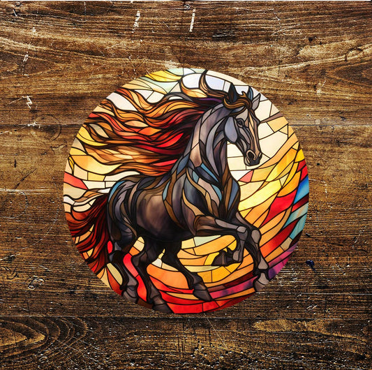 Horse Farm Orange Stained Glass Affect Circle Metal Sign