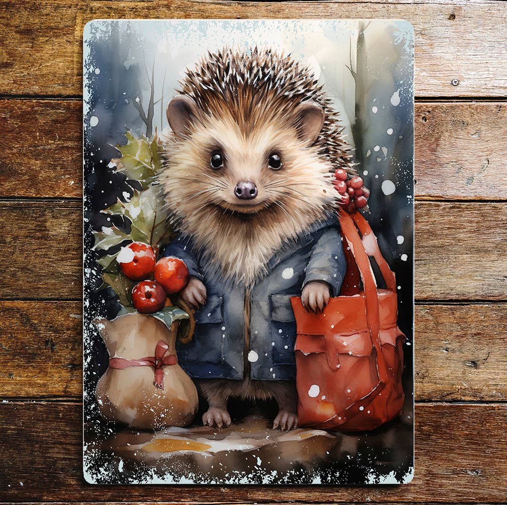 Cute Hedgehog Christmas Shopping | Metal Sign Plaque