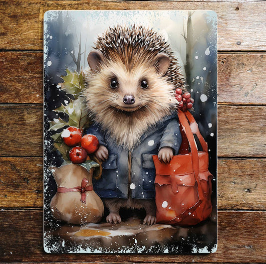 Cute Hedgehog Christmas Shopping | Metal Sign Plaque