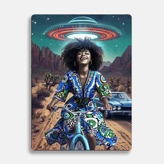 Woman Riding Bicycle In Desert UFO Alien | Metal Sign Plaque