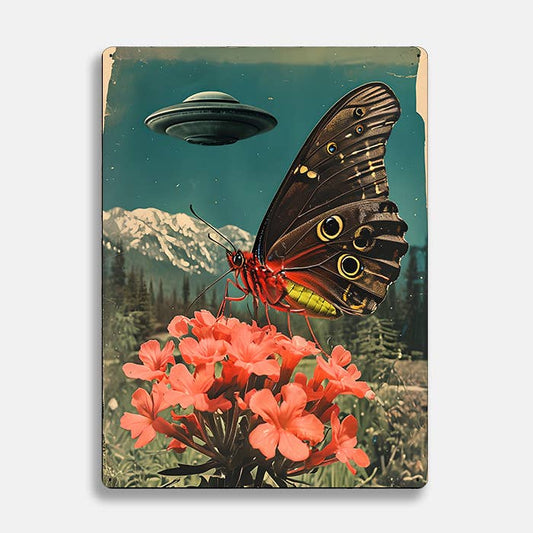 Surreal Butterfly UFO Alien Metal Sign Plaque