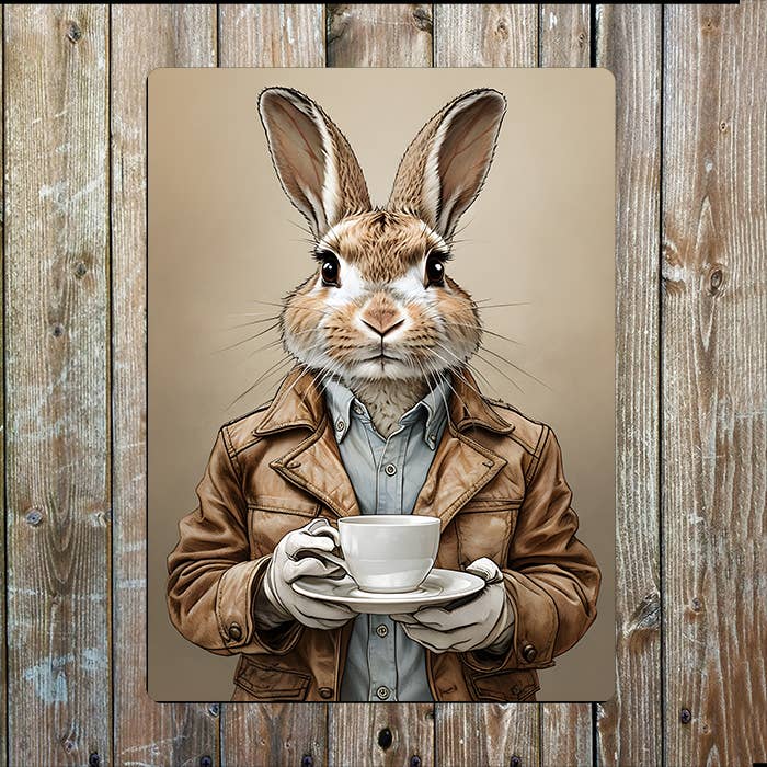 Rabbit In Clothes with a Cup and Saucer Metal Sign Plaque
