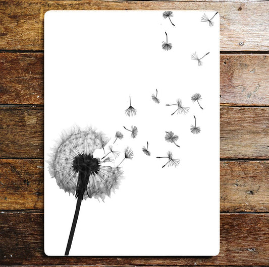 Dandelion Flower Flying Petals Black White | Metal Sign Plaque