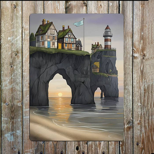 Sunset Scene Clifftop Houses Nautical Metal Sign Plaque