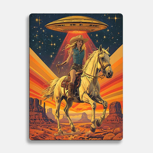 Cowgirl Riding Horse Sunset UFO Alien | Metal Sign Plaque