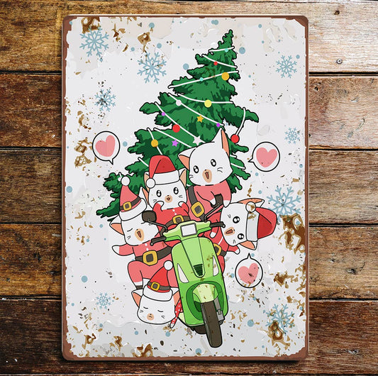 Santa Cat's Motorbike Tree Christmas Metal Sign