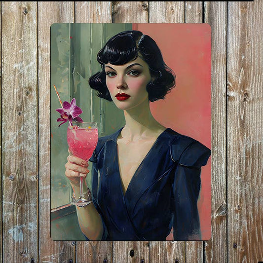 legant Portrait Of Woman With Cocktail | Metal Sign Plaque