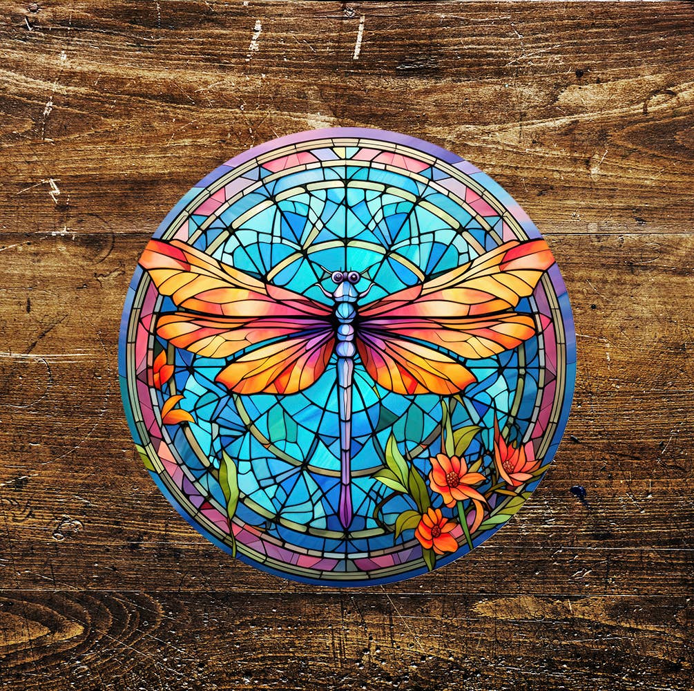 Dragonfly orange Stained Glass affect Metal Sign Circle