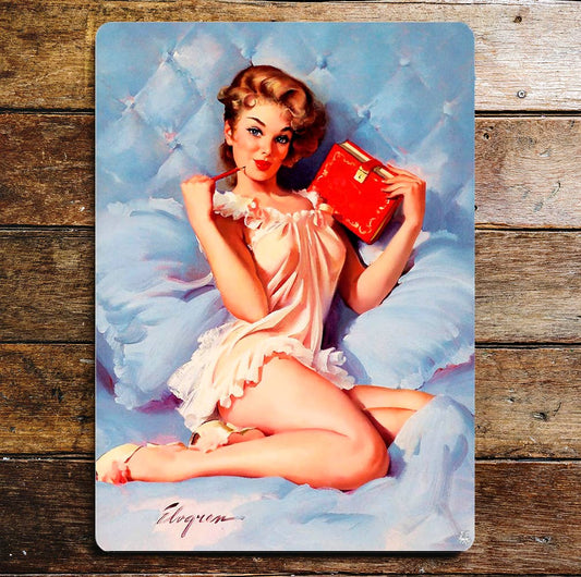Bedroom Bed Book Pin Up Girl In Bath | Metal Sign