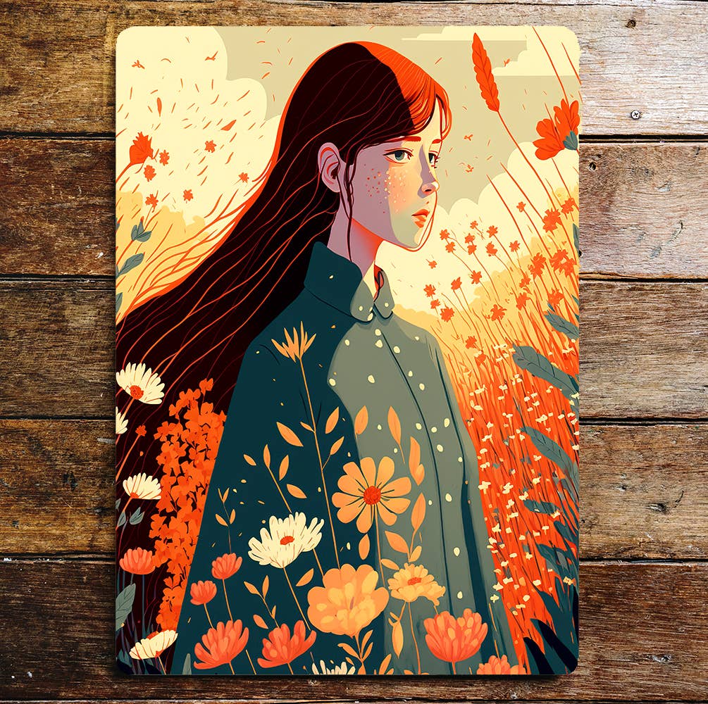 Girl Red Hair Flower Fields Sunny | Metal Sign Plaque