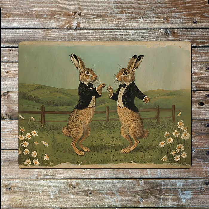 Boxing Hares in Formal Clothing | Metal Sign Plaque