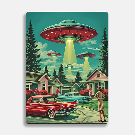 Retro Suburban Hovering UFOs Alien Metal Sign Plaque