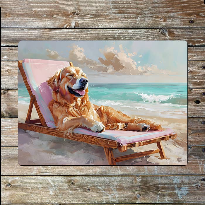 Golden Retriever Enjoying A Sunny Beach | Metal Sign Plaque