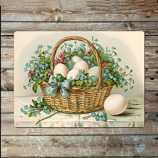 Vintage Easter Basket Filled Egg Flowers | Metal Sign Plaque